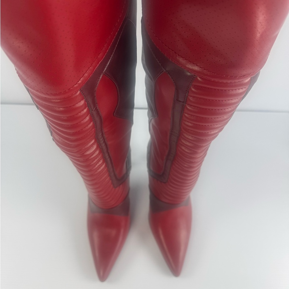 AKIRA Rodrigo Red Over The Knee Stiletto Boots Pointed Toe Moto Panel multi size - Picture 8 of 8